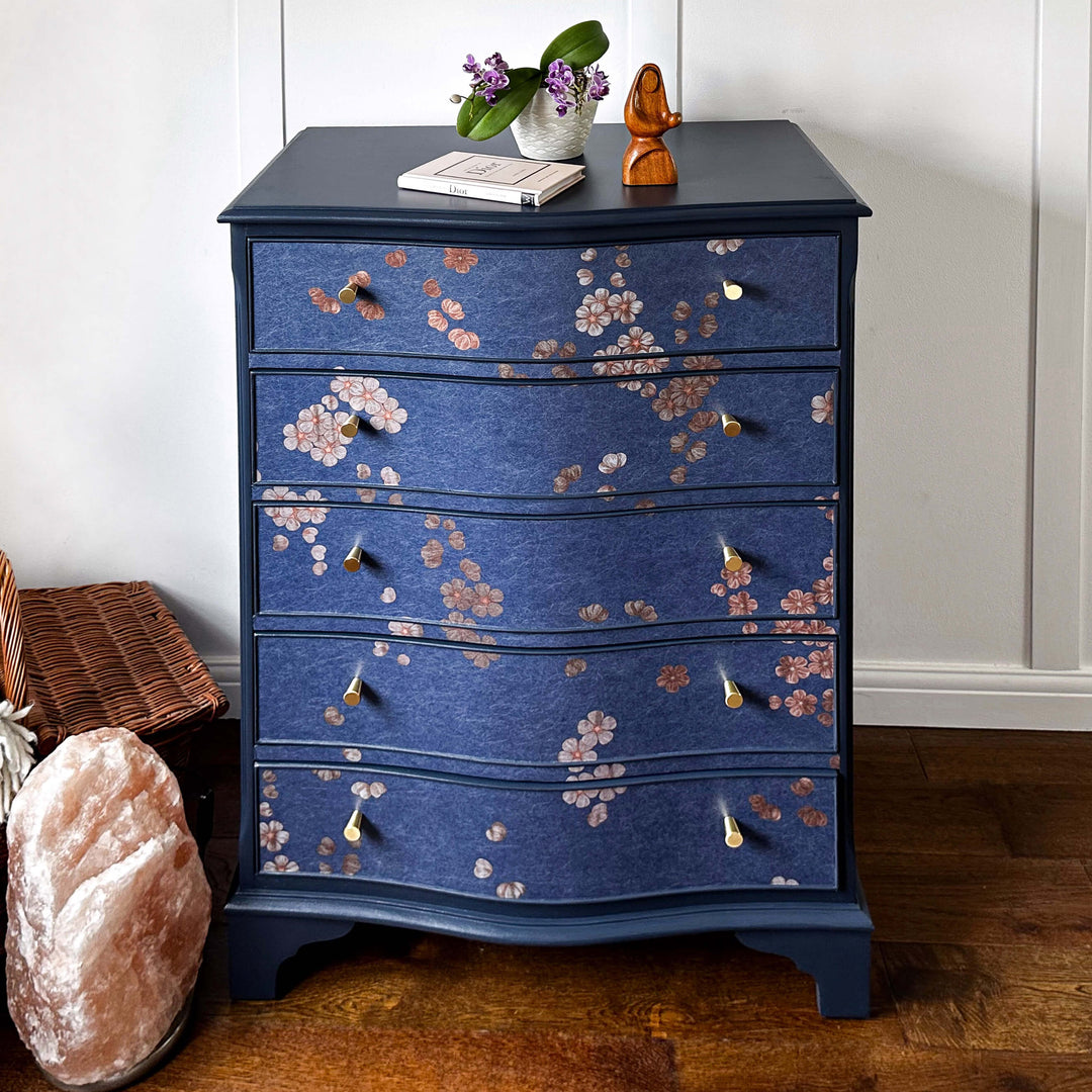 Blue Floral Chest of Drawers, Cherry Blossom Serpentine Upcycled Drawers