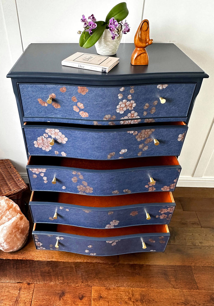 Blue Floral Chest of Drawers, Cherry Blossom Serpentine Upcycled Drawers