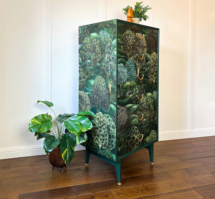 Cole & Son Forest, Upcycled Vintage Mid Century Chest of Drawers