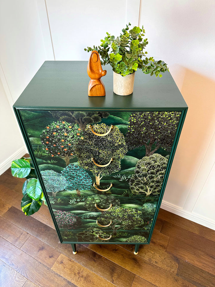 Cole & Son Forest, Upcycled Vintage Mid Century Chest of Drawers