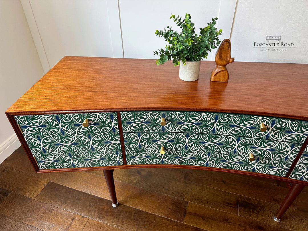 Vintage Mid Century Teak Sideboard, 1960’s TV Unit With Green Scallop Design