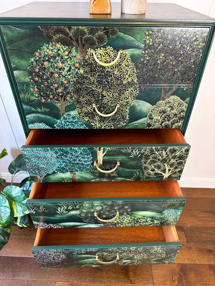 Cole & Son Forest, Upcycled Vintage Mid Century Chest of Drawers