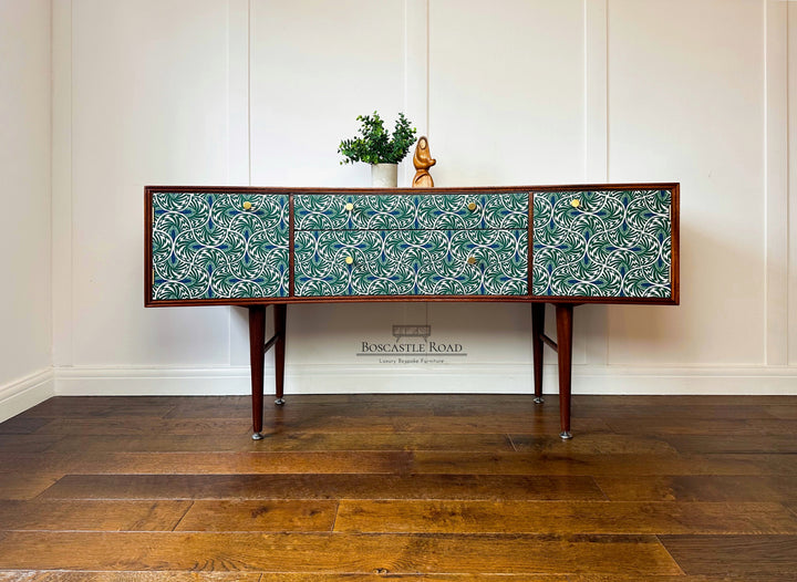 Vintage Mid Century Teak Sideboard, 1960’s TV Unit With Green Scallop Design