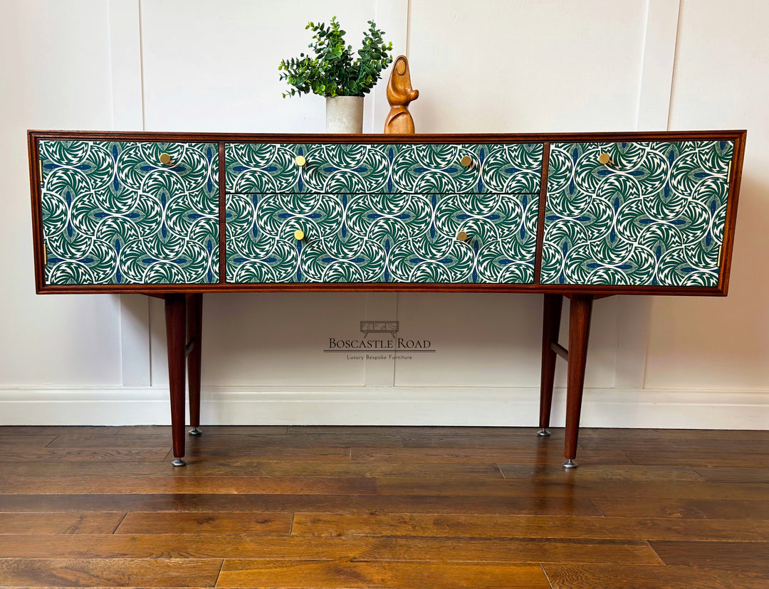 Vintage Mid Century Teak Sideboard, 1960’s TV Unit With Green Scallop Design