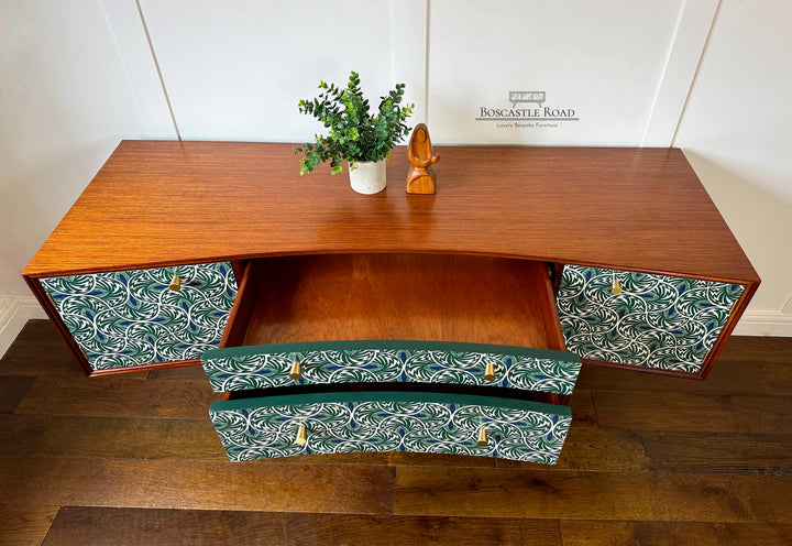 Vintage Mid Century Teak Sideboard, 1960’s TV Unit With Green Scallop Design
