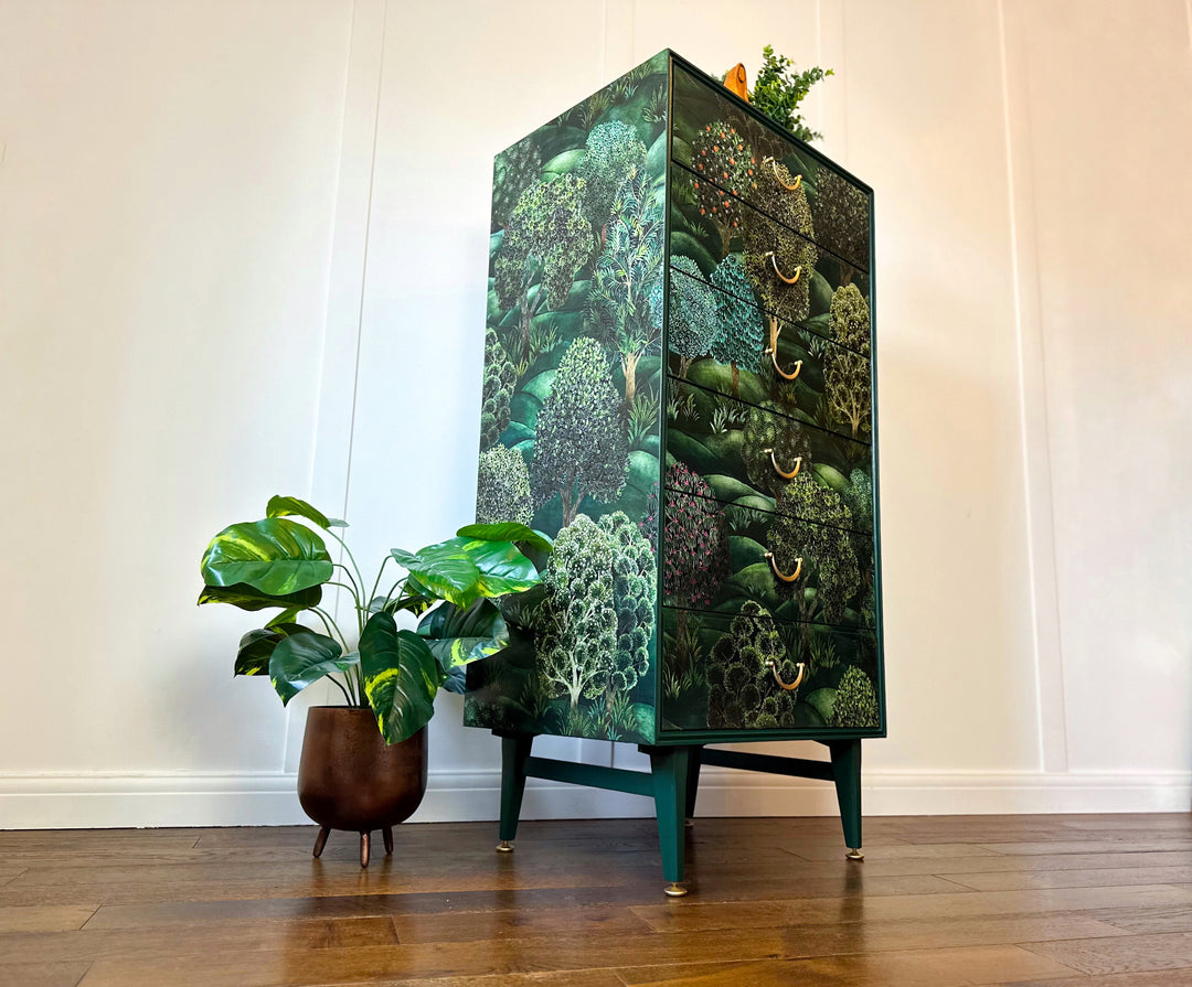 Cole & Son Forest, Upcycled Vintage Mid Century Chest of Drawers