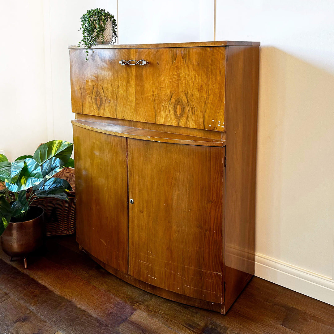 Art Deco Vintage Cocktail Cabinet, Walnut Whiskey Cabinet