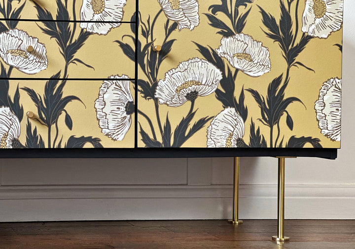Black Vintage Sideboard, Gold Poppy Design, Vintage TV Media Unit, Low Rise Schreiber Sideboard