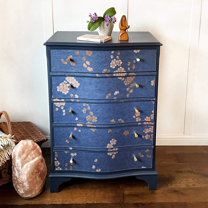 Blue Floral Chest of Drawers, Cherry Blossom Serpentine Upcycled Drawers