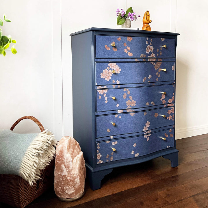 Blue Floral Chest of Drawers, Cherry Blossom Serpentine Upcycled Drawers