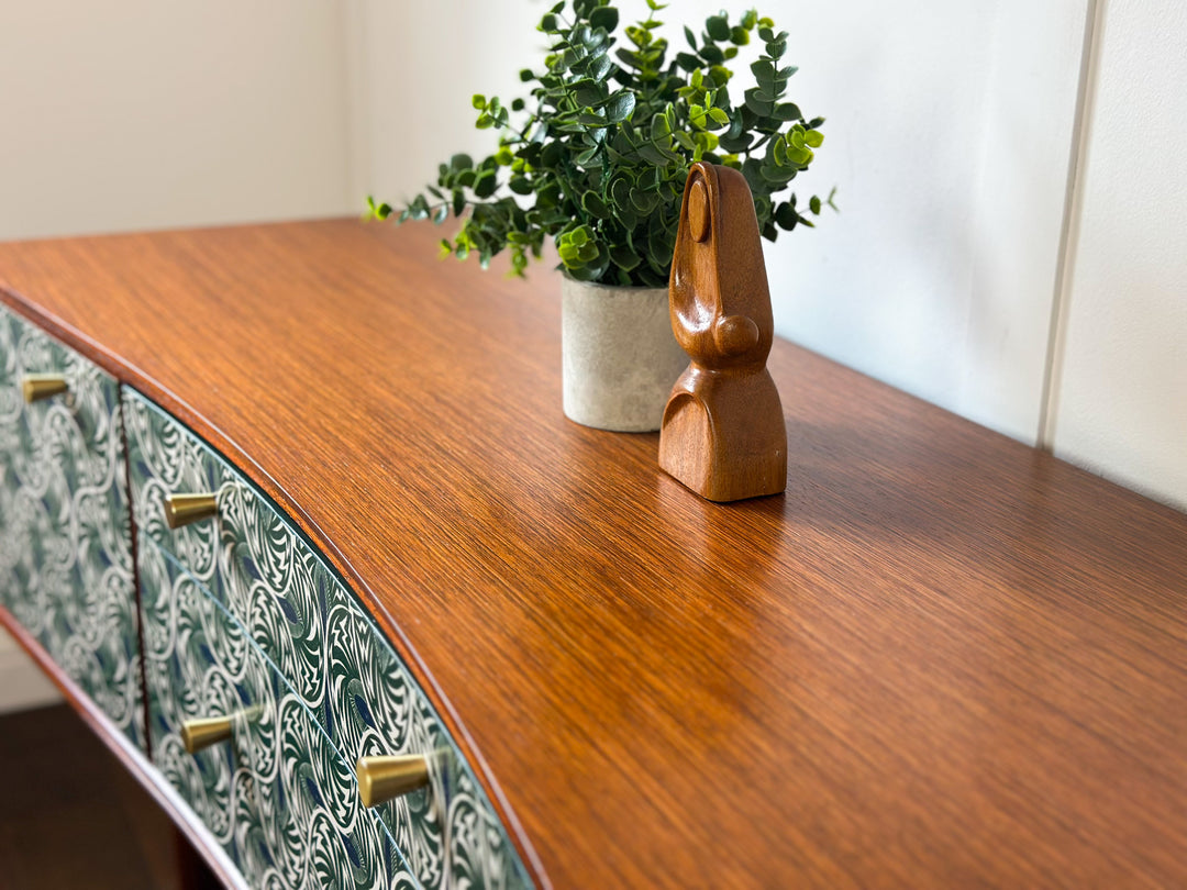Vintage Mid Century Teak Sideboard, 1960’s TV Unit With Green Scallop Design