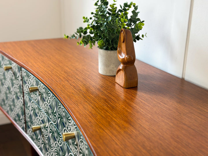 Vintage Mid Century Teak Sideboard, 1960’s TV Unit With Green Scallop Design