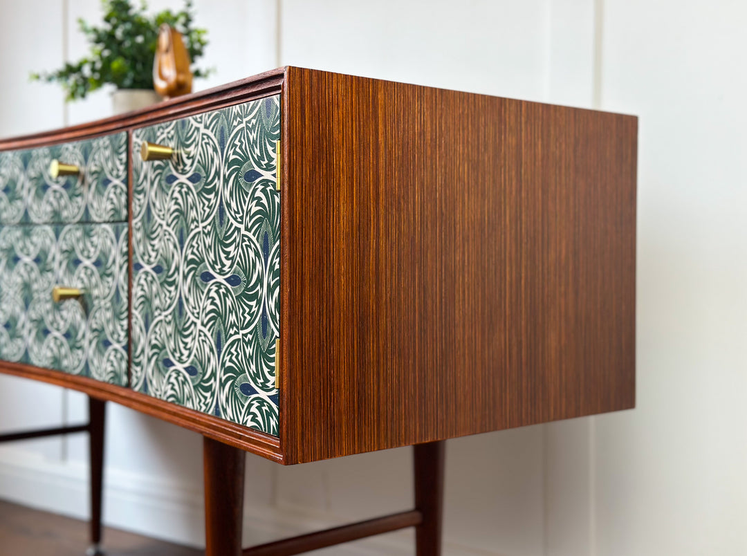 Vintage Mid Century Teak Sideboard, 1960’s TV Unit With Green Scallop Design