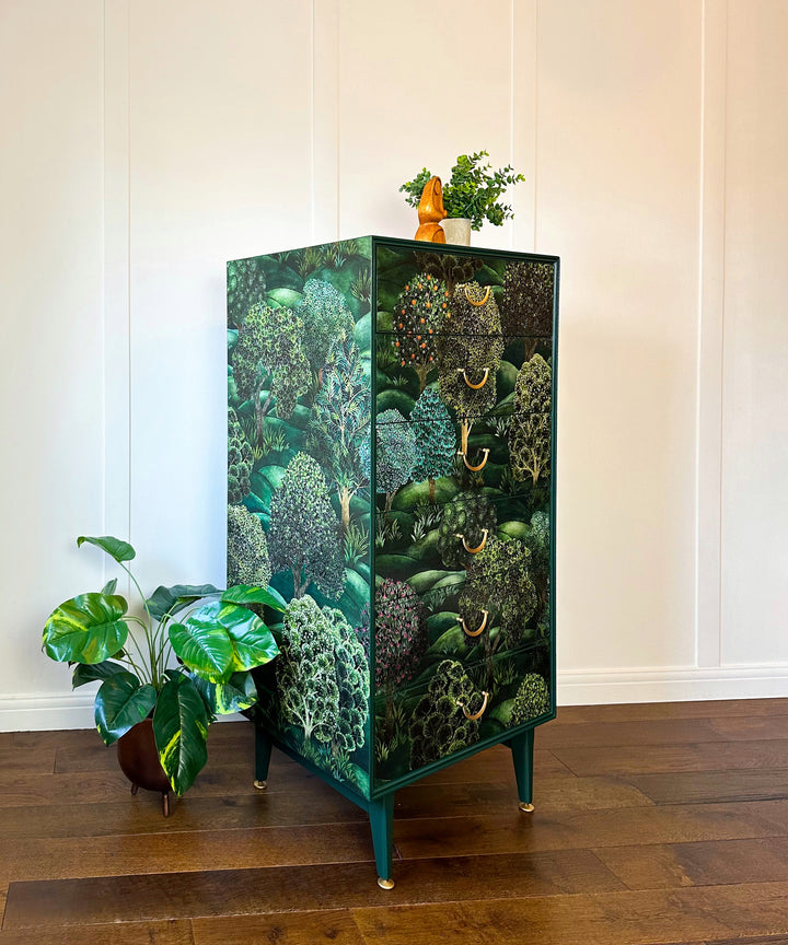 Cole & Son Forest, Upcycled Vintage Mid Century Chest of Drawers