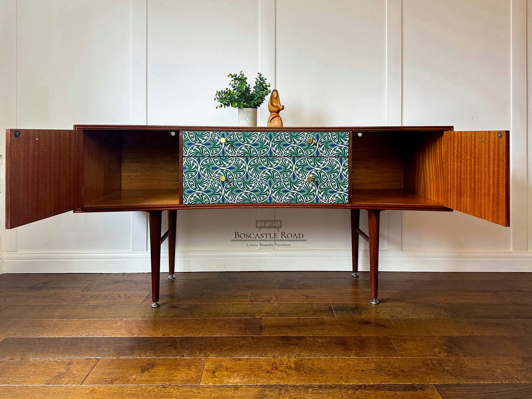 Vintage Mid Century Teak Sideboard, 1960’s TV Unit With Green Scallop Design