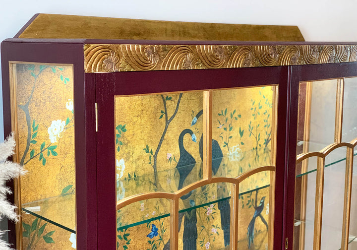 Vintage Glass Display Cabinet, Chinoiserie Peacock Drinks Cabinet