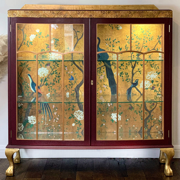 Vintage Glass Display Cabinet, Chinoiserie Peacock Drinks Cabinet