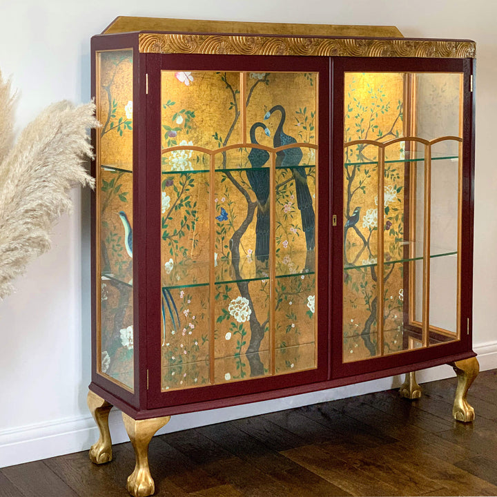 Vintage Glass Display Cabinet, Chinoiserie Peacock Drinks Cabinet